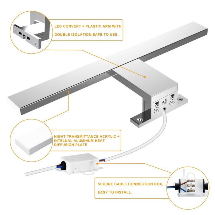 Lámpara de pared LED para espejo de baño de 6W y 600 lúmenes, 30 cm, luz blanca fría 6000K, IP44 resistente al agua.