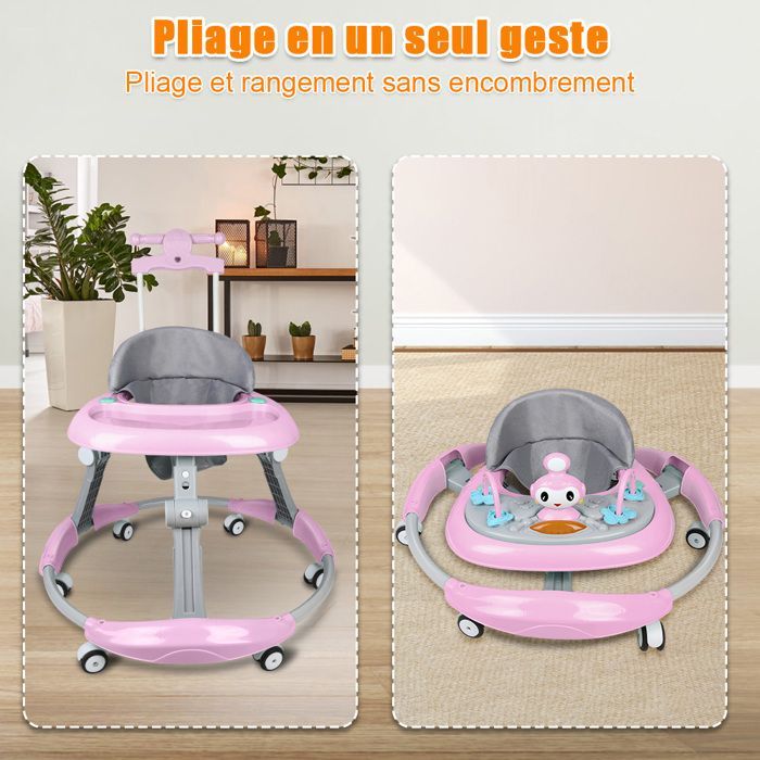 Andador para bebé niña MIPAN - Andador plegable con luz y música - Ajustable - Para bebés de 6 a 18 meses - Rosa