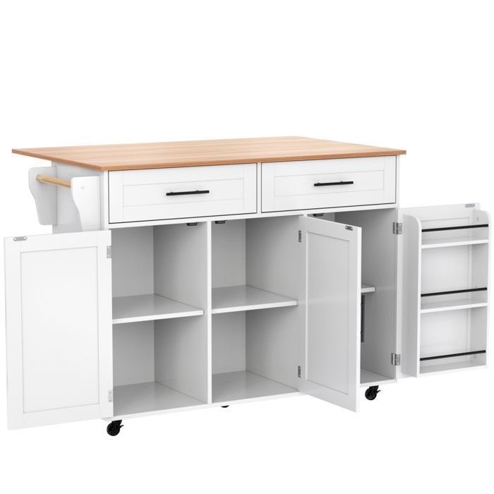 Carrito de cocina multifuncional de madera con encimera y cajón - 129 x 46 (71) x 91,5 cm - Blanco