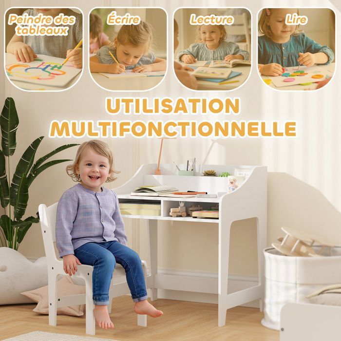 Conjunto de escritorio y silla infantil - AIYAPLAY - De 3 a 8 años - Compartimentos abiertos y estantes - Blanco