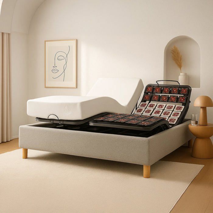 Set letto elettrico 140x190 grigio – Base a doghe regolabile con bordo a ricciolo + materasso