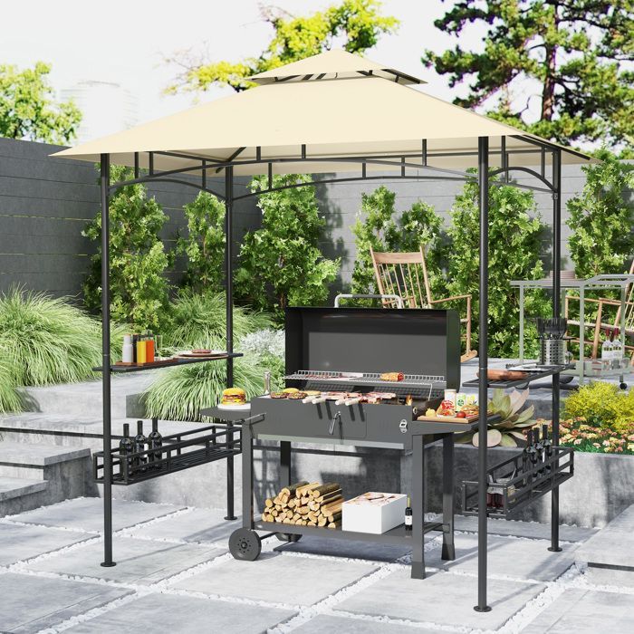Gazebo per barbecue - Outsunny - gancio a soffitto - ripiani e cestini portaoggetti - metallo zincato 240 x 150 x 257 cm - beige
