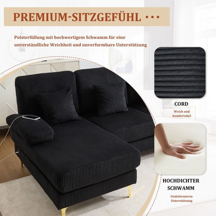 Wendbares 4-Sitzer-Ecksofa, U-förmiges Sofa mit LED-Beleuchtung und USB-C-Anschluss, 4 Kissen und hochwertiger ergonomischer Rückenlehne, Holz