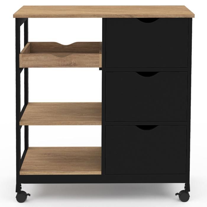 IDMARKET Desserte de cuisine MUNA 3 paniers + 1 plateau amovible noir et effet hêtre L.76 cm