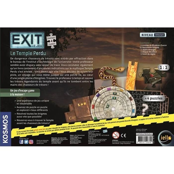 Jeu d'Escape Game - IELLO - EXIT Le temple perdu - Expérience immersive - Coopératif - Indices et décodeur