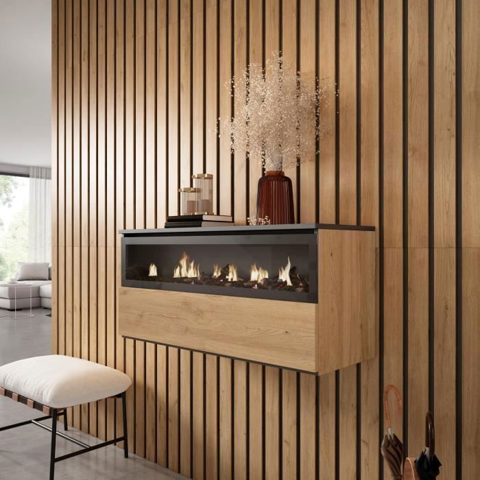 Cheminée électrique LED, 102x45x35cm, 1 ouverture, 1 porte, Suspendu, Mural, Chêne et noir, RF2320