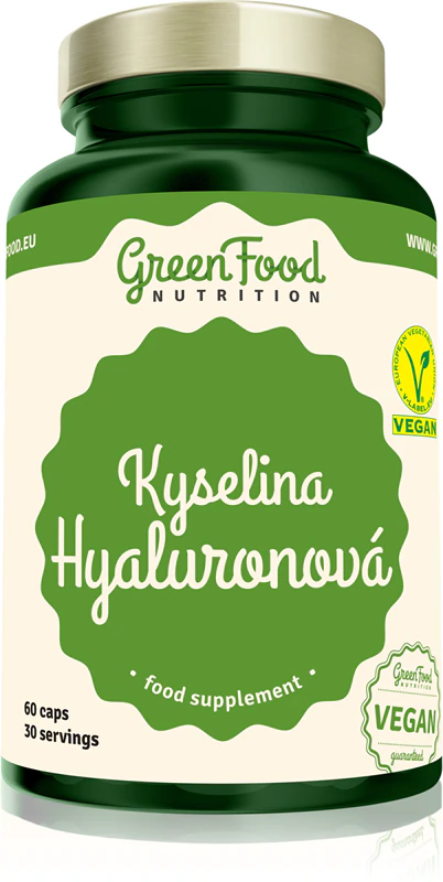 Cápsulas de suplemento alimentar de ácido hialurônico GreenFood Nutrition para uma pele bonita.