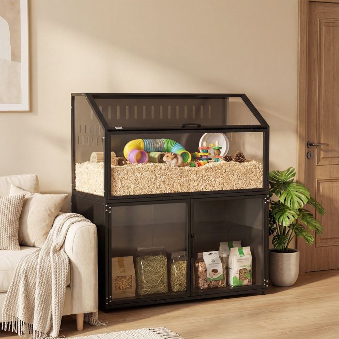 Cage hamster - PawHut - 2-en-1 avec armoire de rangement pour rongeur hamster syrien et souris - acier et acrylique - noir