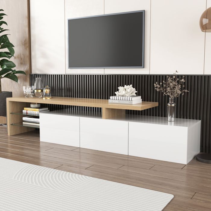 Mobile porta TV - SOMUBI - 3 ante - Illuminazione a LED - Ripiani in vetro - Design moderno e minimalista