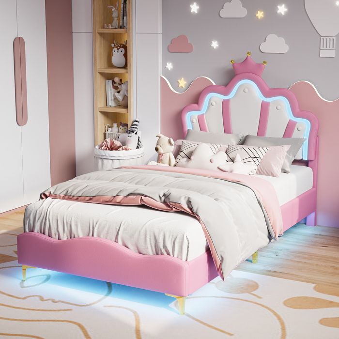 Letto per bambini - EIFSON - Letto da principessa 90x200 cm - Testiera regolabile - LED integrato - Rosa