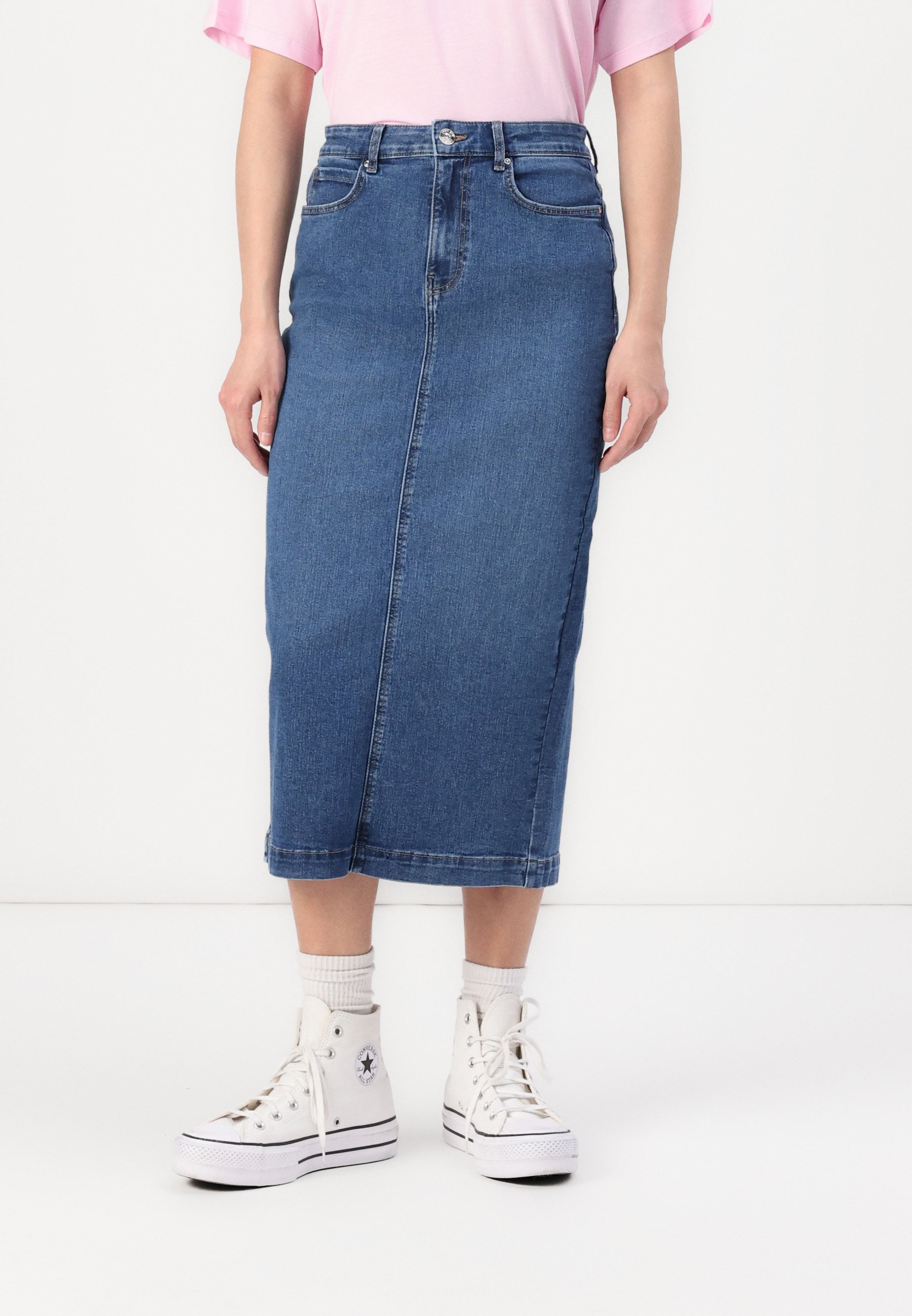 ONLY ONLWONDER MIDI SUKNĚ S ROZPĚREM NA ZADNÍ STRIP - Džínová sukně - black denim