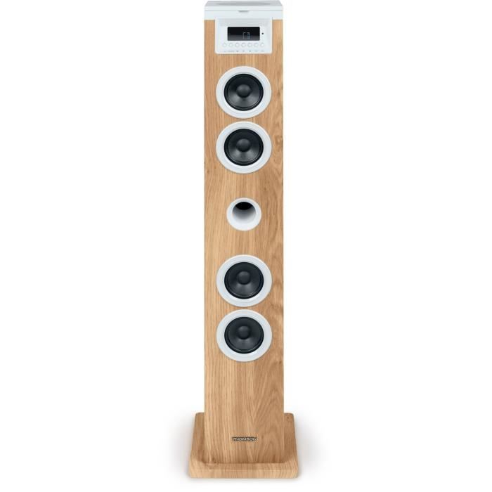 Altavoz de torre - THOMSON - Bluetooth/CD/USB/SD - Blanco/Madera - 60W - Radio FM
