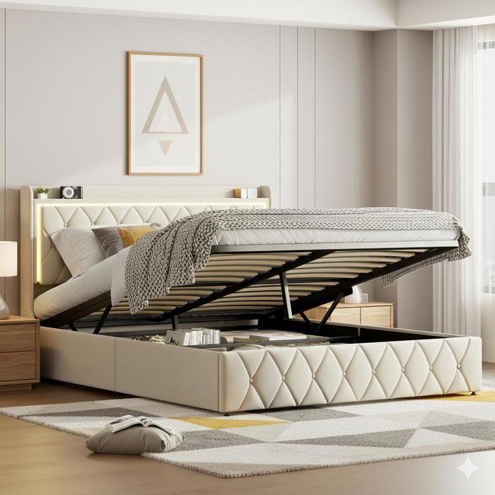 160x200cm Bed - 160x200cm Storage Bed and Slatted Base - Double Bed with RGB LED Headboard, USB Charging Port and Shelf - Beige Velvet