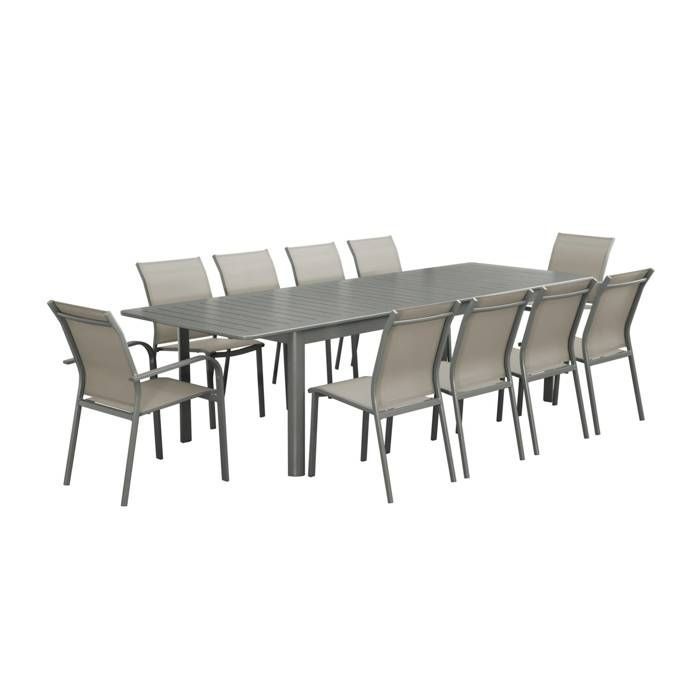 Table de jardin extensible aluminium + 10 assises aluminium et textilène kaki. 8 chaises. 2 fauteuils. 10 places. 290 x 100 x 75