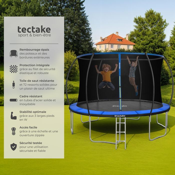 Cama elástica - TECTAKE - JUMPY, cama elástica de acero con red de seguridad, 366 cm de diámetro - Negro/azul
