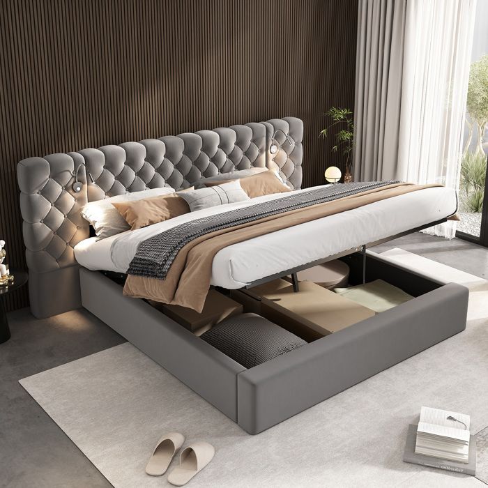 Cama doble tapizada de 160 x 200 cm con iluminación LED y espacio de almacenamiento. Cama con cabecero tapizado y luz de lectura. Terciopelo gris.