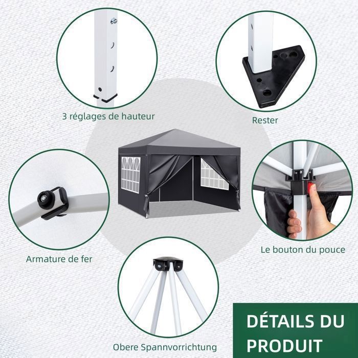 Cenador de jardín, carpa para fiestas, carpa para eventos - 3 x 3 m - Gris, plegable e impermeable