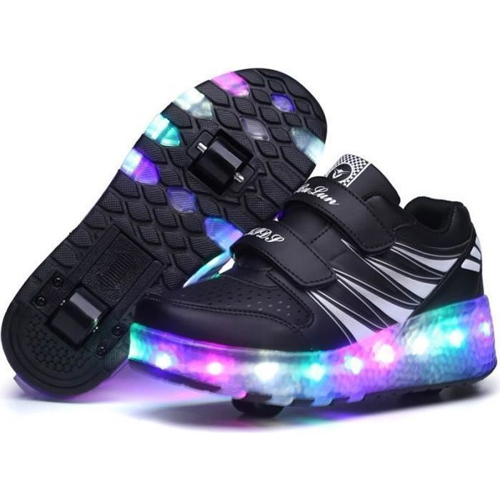 Zapatillas infantiles con ruedas LED luminosas, zapatillas deportivas con ruedas dobles, zapatillas de skate para exteriores para niñas y niños, color negro.