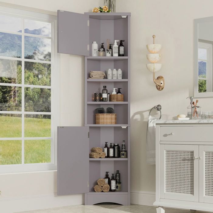 Meuble colonne de salle de bain Armoire salle de bain 36.5x24.5x170 cm triangulaire 3 compartiments Gris