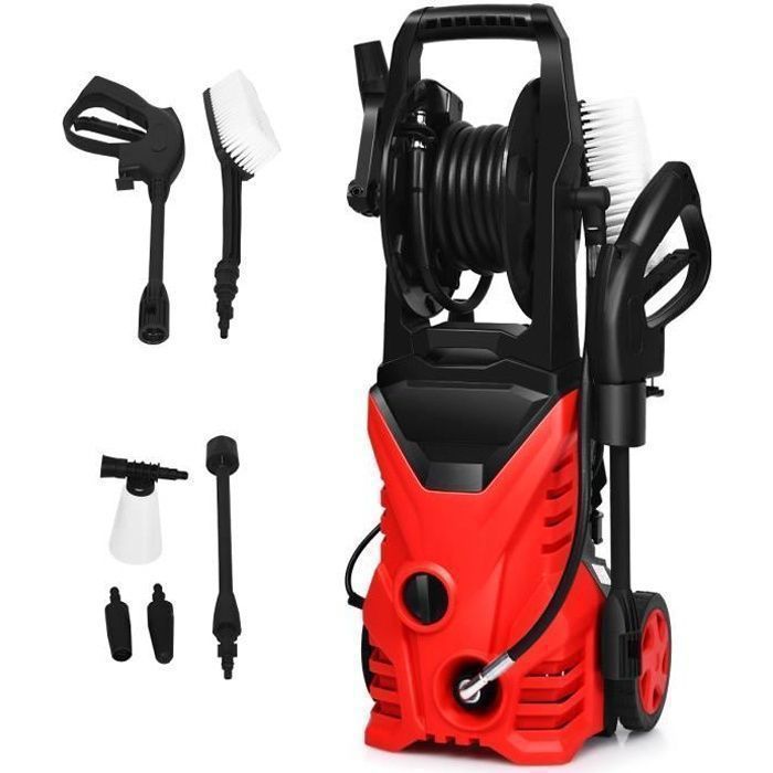 Hidrolimpiadora de alta presión COSTWAY de 1500 W y 140 bares con manguera flexible de 5 m, 300 l/h, boquilla Lotus, boquilla de alta presión y depósito de jabón rojo.