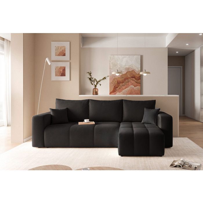Sofá esquinero reversible PEDRO - 4 plazas - Sofá convertible con almacenamiento - Tela de terciopelo - Antracita