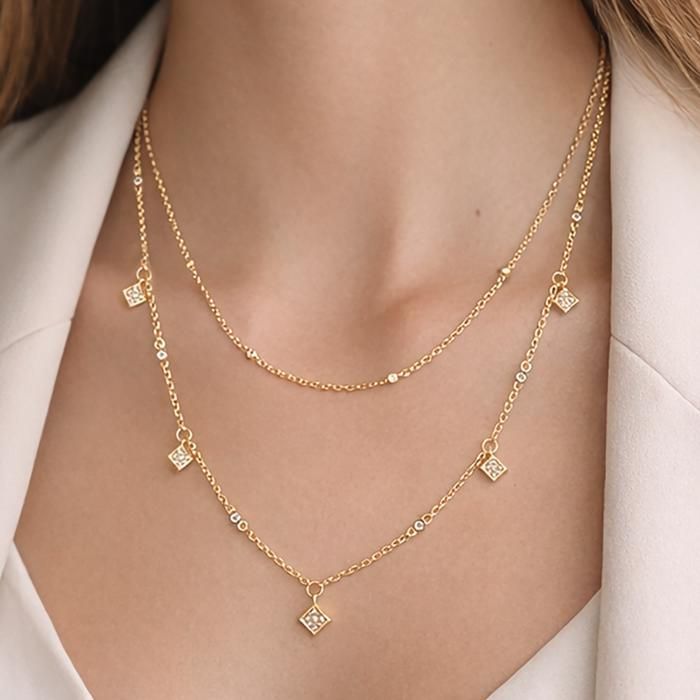 Collana da donna a più fili, placcata in oro 18 carati, doppia catena, pietre di zirconi cubici, 38-45 cm + 5 cm, gioiello con punzone, lussuoso ed elegante