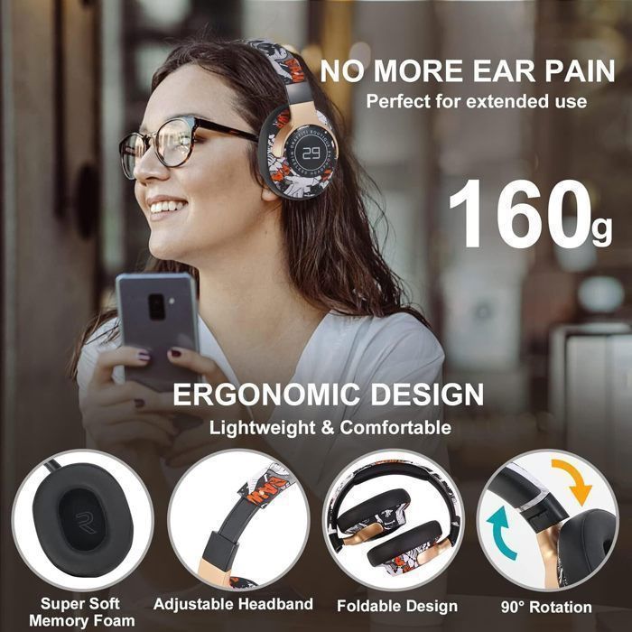 Auriculares Bluetooth plegables de color negro con LED, reducción de ruido, graves profundos y batería de larga duración.