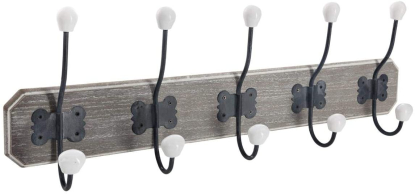 Wieszak ścienny z 5 metalowymi haczykami, MDF, jasne drewno