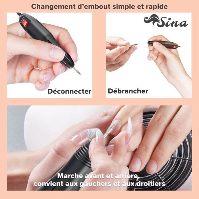 SINA Fraises à ongles électriques | ponceuse à ongles electrique | Lime à Ongles électrique | 100 manchons abrasifs | 20 000 tr/min