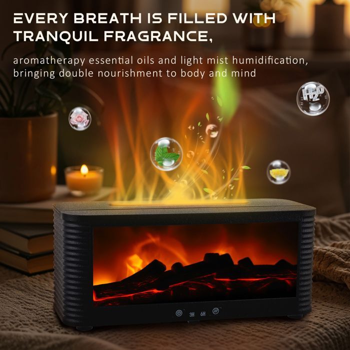 Diffusore di aromi con effetto camino: 7 effetti fiamma colorati, spegnimento automatico in caso di basso livello dell'acqua.