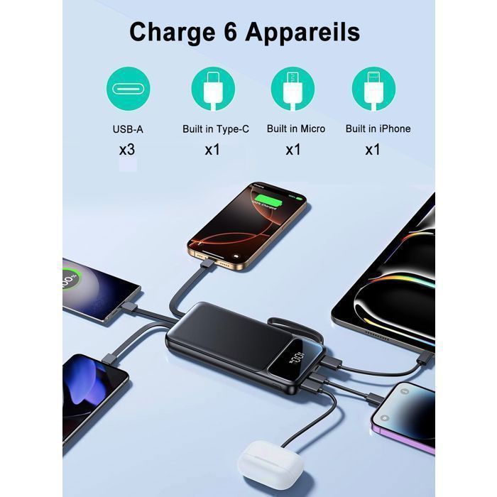 Batterie Externe 20000mAh Power Bank avec 4 Câbles Intégrés Chargeur Portable 5 Sorties et 2 Entrées avec Écran LED et Lampe
