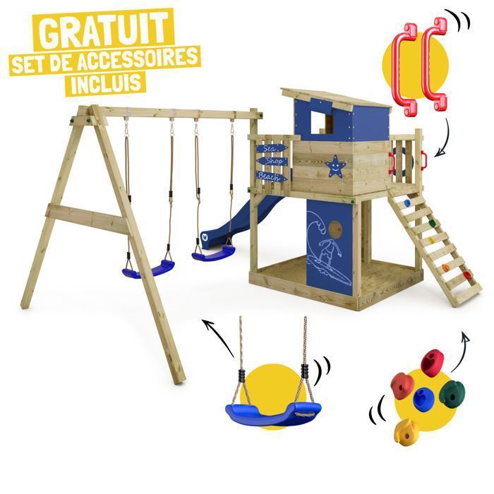 WICKEY Smart Camp houten speeltoestel met 220 cm lange pastelblauwe glijbaan, dubbele schommel en speelhuisje – 10 jaar garantie*