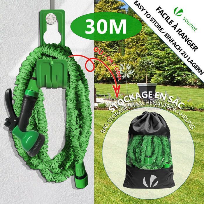 VOUNOT® 30m Expandable Garden Hose, Green - 10 Spray Patterns - Connector and Storage Bag Included - Flexible, Leak-Proof