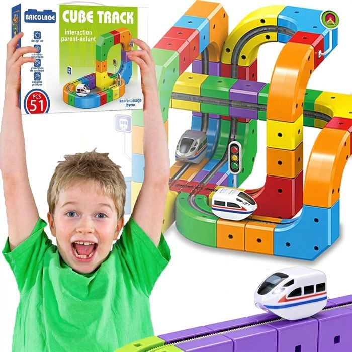 Tren de juguete de 51 piezas: vías eléctricas antigravedad 3D con tren motorizado y señales de tráfico.