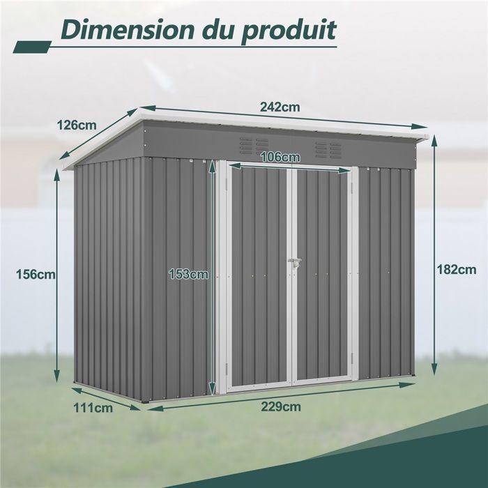 Kimfhead metalen tuinschuur 2,54 m² - Gereedschapsschuur 238x131x181 cm met fundering en dubbele schuifdeur