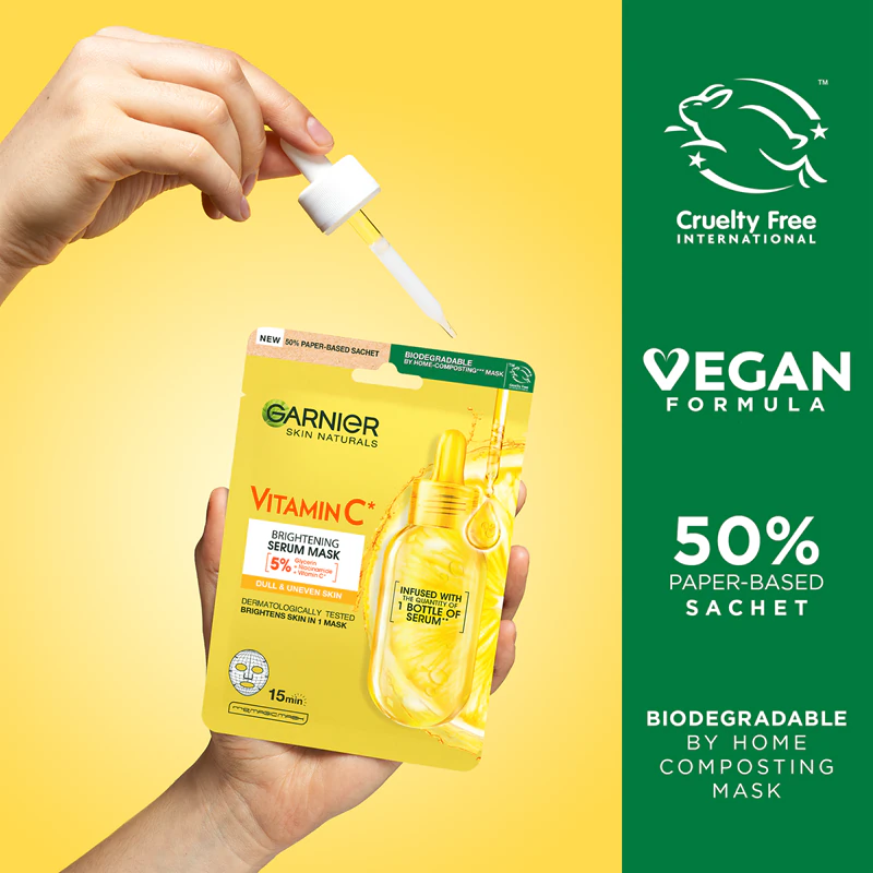 Máscara facial em tecido Garnier Skin Naturals com vitamina C para clareamento e hidratação.