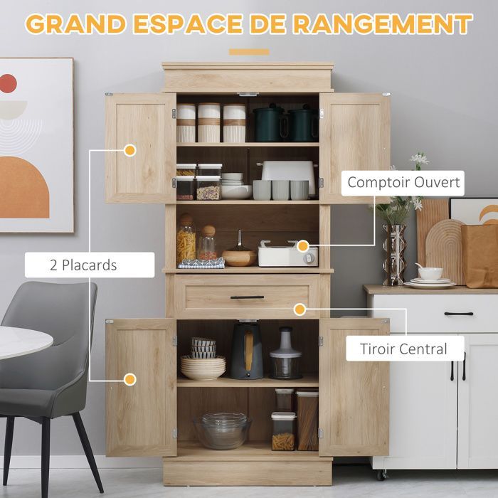 Kitchen cabinet with sideboard - HOMCOM - modern sideboard with cupboards, adjustable shelves, drawer, and niche - wood - 74 x 39.5 x 183 cm - oak