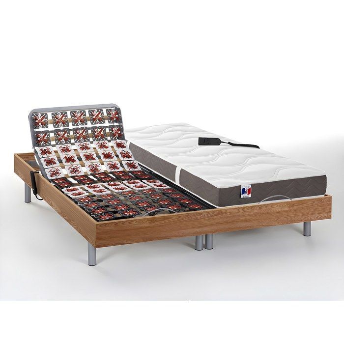 Cama eléctrica de relajación con base de láminas y colchón de látex 100% de 3 zonas - 2 x 70 x 190 cm - Natural claro - JUPITER de YSMÉE