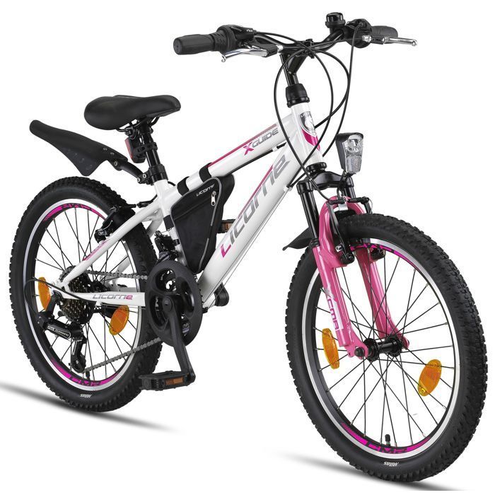Full Suspension Mountain Bike - UNICORN - 21 Speeds - Hydraulic - 20 inches - White/Pink