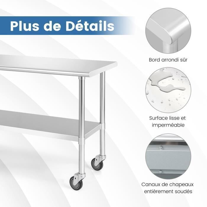 Mesa de cocina COSTWAY de acero inoxidable con ruedas con bloqueo, 122 x 61 x 90 cm, estantes inferiores ajustables y encimera.