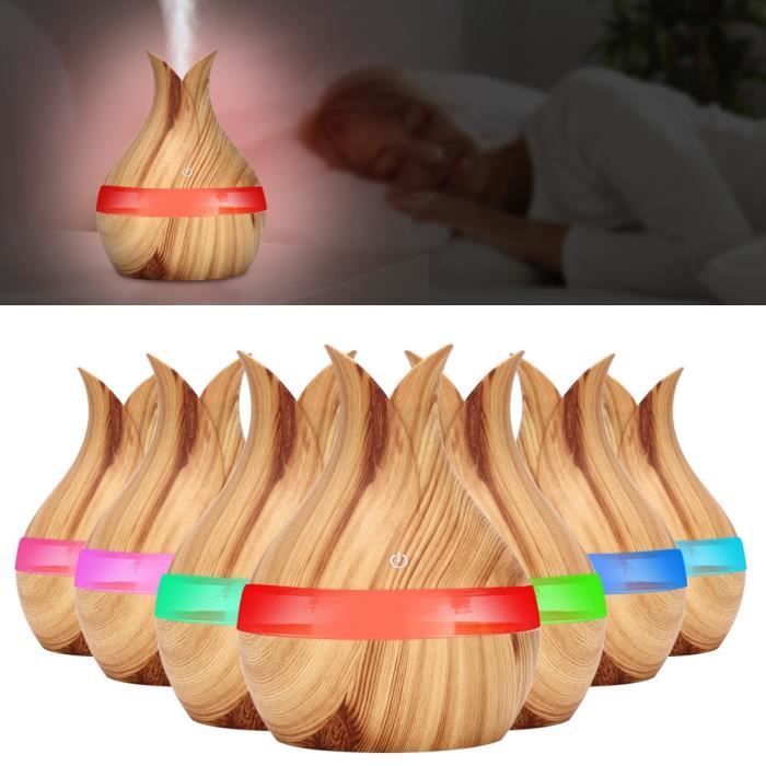 VINGVO 300ml Diffuseur d'arôme huile essentielle humidificateur d'air 7 couleurs LED veilleuse léger grain en bois