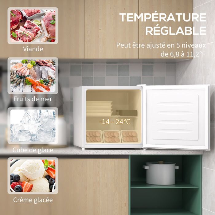 Mini congélateur Température Réglable de -14 à -24°C Compact 35L - étagère Amovible - Porte réversible Classe E Blanc