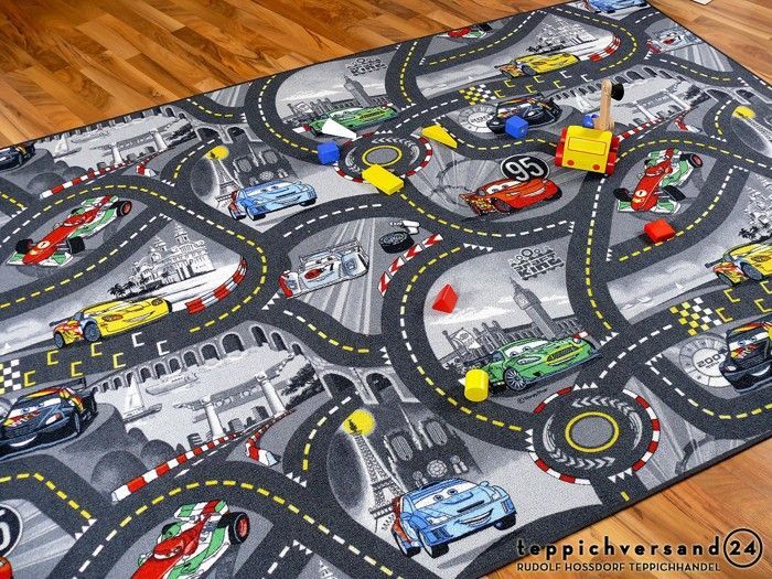 Snapstyle - Tappetino da gioco per bambini con circuito stradale grigio Disney Cars - Disponibile in 17 misure - 133x133 cm