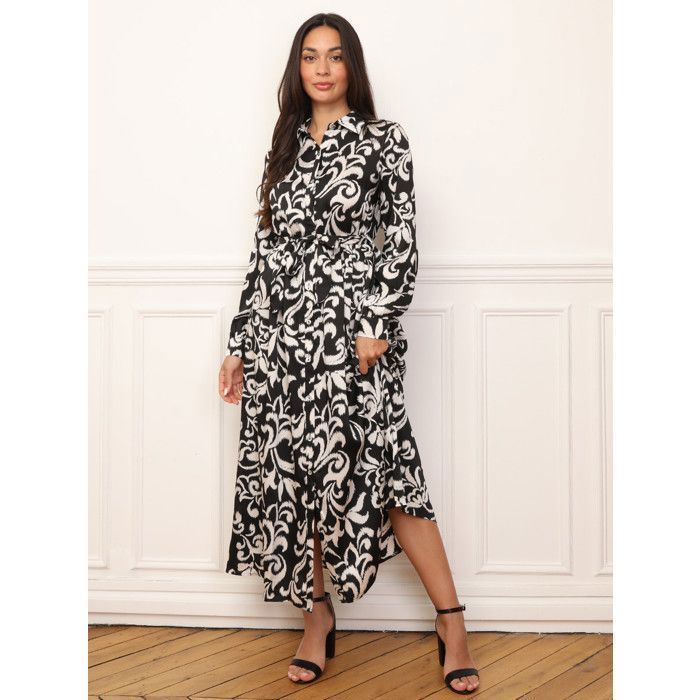 Vestido camisero largo estampado con cinturón de lazo extraíble. Presenta botones en la parte delantera y en las mangas. Para mujer - Vestidos - El