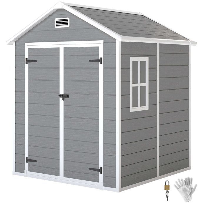 Casetta da giardino - Outsunny - resina - con pavimento, struttura in alluminio - porte con chiusura a scatto, 3 finestre - grigio
