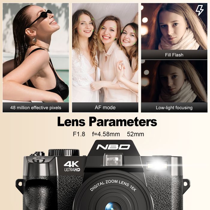 Videocamera digitale NBD - Videocamera 4K - Zoom digitale 16x - Nera
