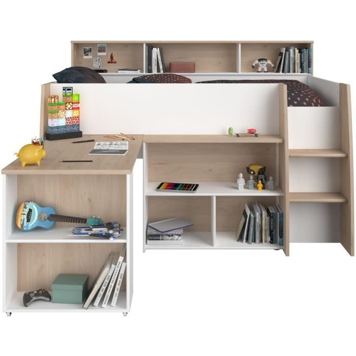 Cama infantil combinada PARISOT con escritorio retráctil - Acabado en blanco y roble - 90 x 200 cm - Base de láminas incluida - THEO