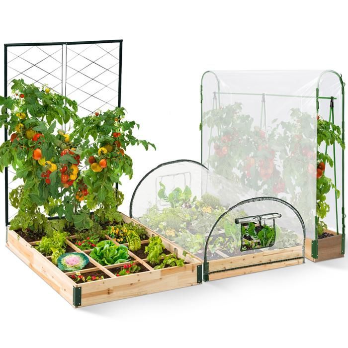 IDMARKET Kit complet 3 bacs modulables carrés potager et serre à tomates + treillis + housse