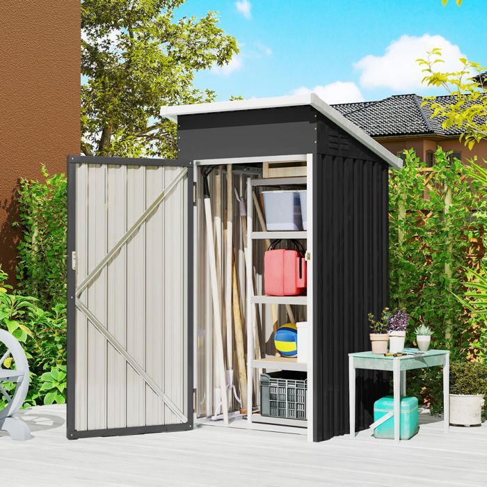 Caseta de jardín Outsunny - techo inclinado - puerta con cerradura y rejillas de ventilación - acero galvanizado - 107,5 x 91 x 185 cm - gris oscuro