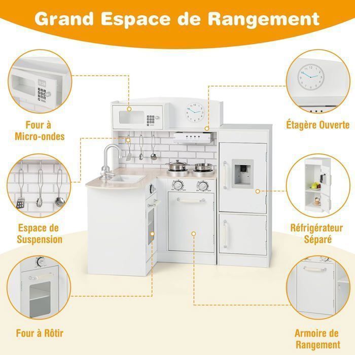 Cuisine Enfants COSTWAY XXL pour Angle 3 Ans+, 5 Accessoires, Effet Son avec Téléphone, Réfrigérateur, Machine à Laver